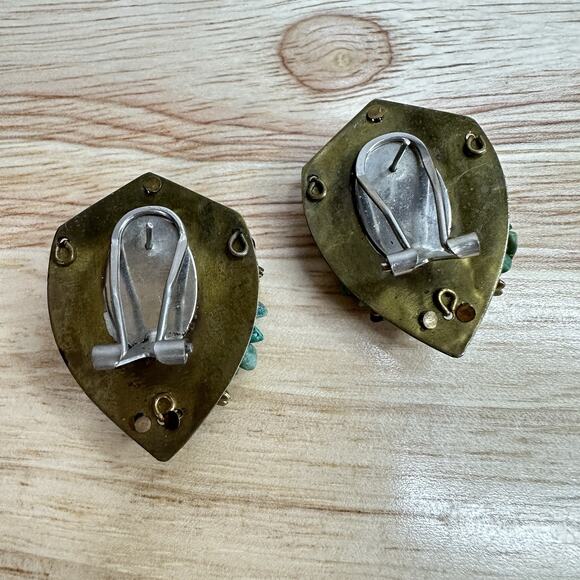 Egyptian Revival Scarab Beetle Earrings Turquoise & Garnet on Brass Pierced - Picture 3 of 11